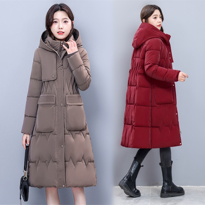 加厚免洗棉服女冬季2024新款连帽中长款羽绒棉袄大码修身显瘦外套
