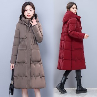 加厚免洗棉服女冬季2024新款连帽中长款羽绒棉袄大码修身显瘦外套
