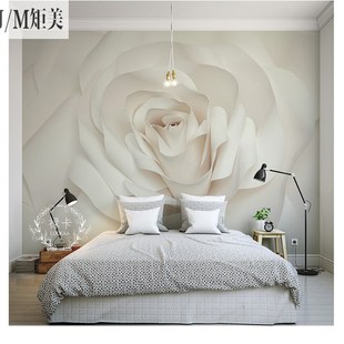 3d现代简约电视背景墙壁纸客厅白色浮雕花卉壁画卧室沙发影视墙布