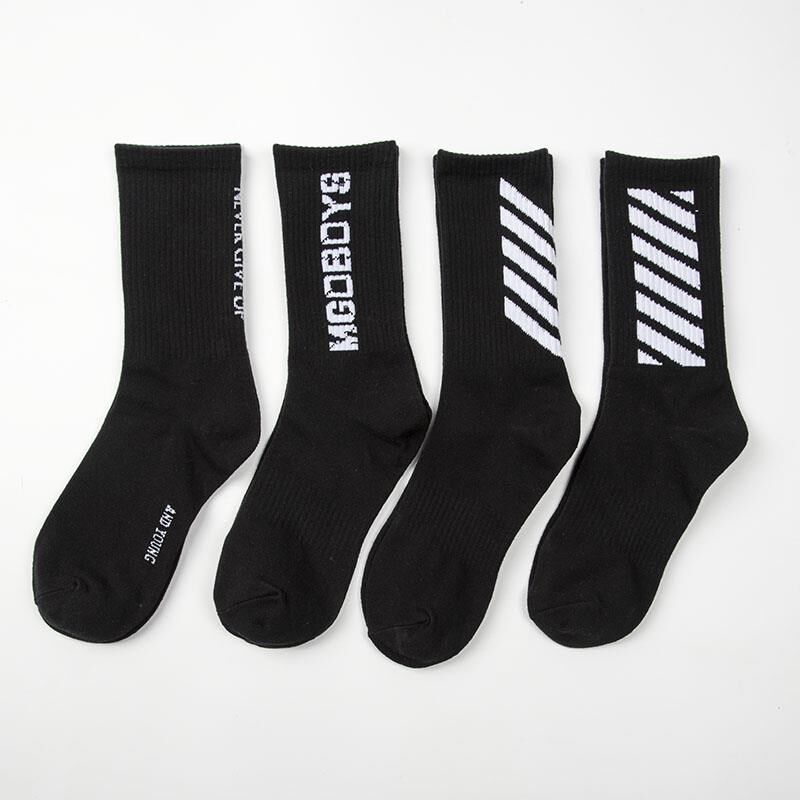 4双 长袜男潮流高帮长筒袜子白色字母条纹街头滑板袜学生韩版