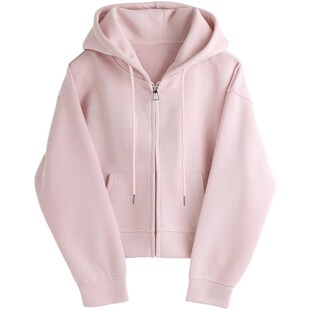 粉色连帽卫衣外g套女装2024新款秋季加绒加厚宽松休闲短款带帽上