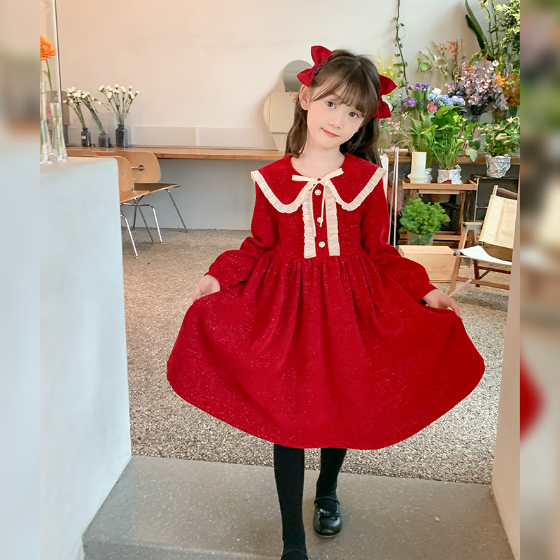 女童洋装秋装2023新款秋冬小女孩红色洋派公主裙秋季儿童套装裙子