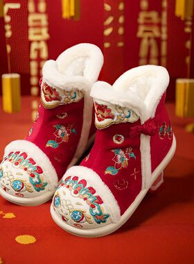 古风鞋子女童秋冬宝宝手工布鞋棉靴子古装绣花鞋儿童汉服鞋女冬季