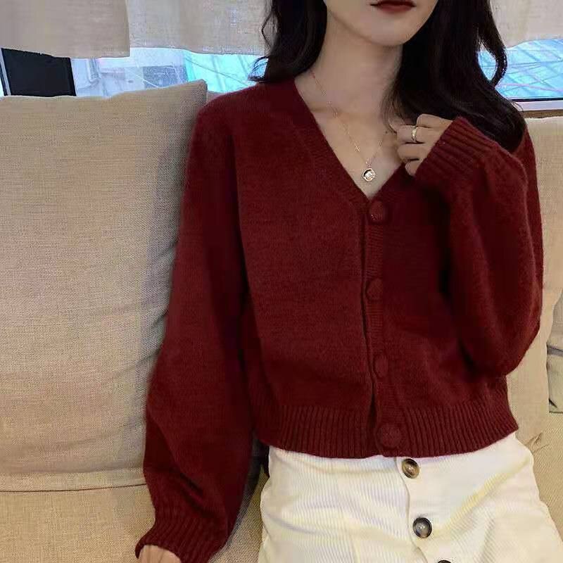 法式复古小外套酒红色开衫V领短款毛衣设计感上衣女2024新款秋季