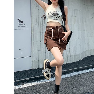 咖啡色牛仔短裙女2024新款夏季薄款抽绳显瘦高腰内衬半身a字裙潮
