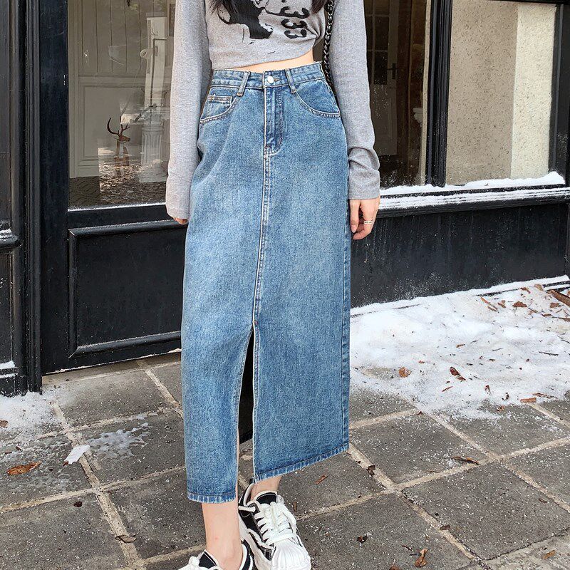 现货高腰开d叉牛仔半身裙女春季设计感小众气质时尚中长款遮胯包