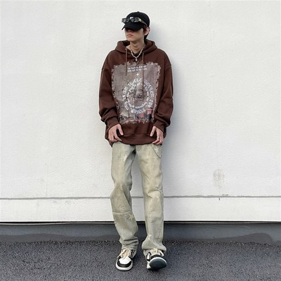 非潮勿近高街美式复古水洗黄泥染牛仔裤宽松I直筒垂坠感hiphop裤