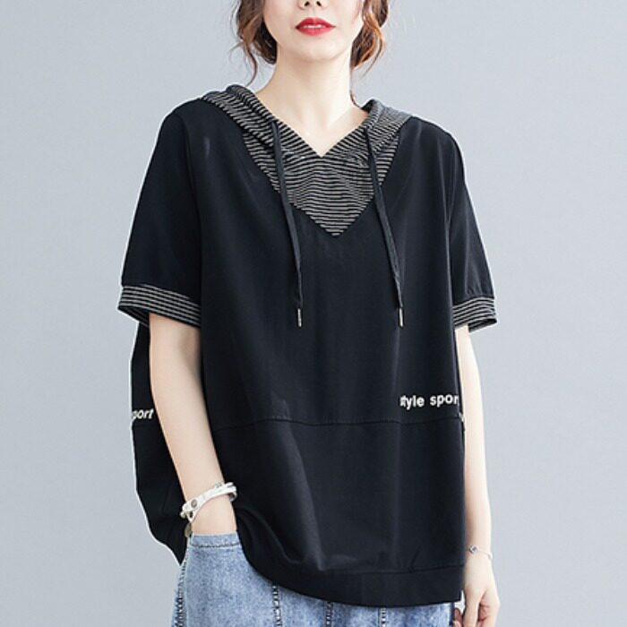 短袖卫衣T恤女夏季新款韩版宽松大码显瘦V领印花拼接连帽抽绳上衣