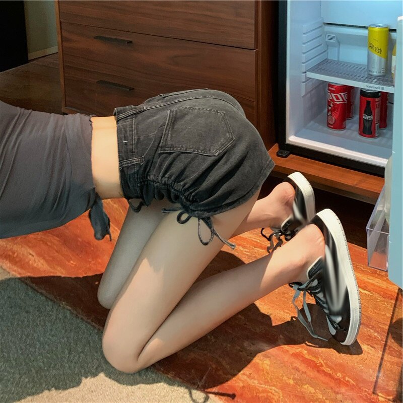新品牛仔短裤女夏季薄款抽绳高腰大码胖mm设计P感秋季黑色辣妹紧