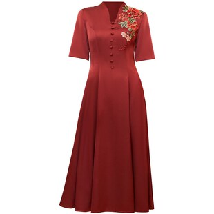 婚礼妈妈礼服高贵酒红色小个子喜婆婆婚宴装夏季结婚丈母娘连衣裙