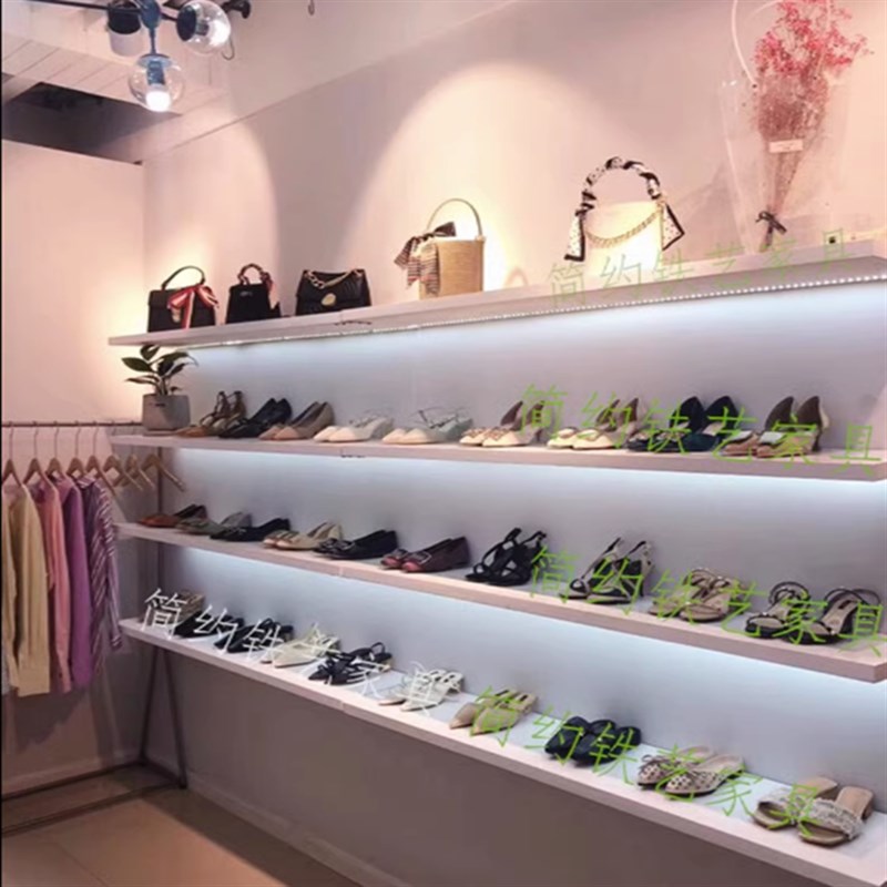 鞋店鞋架展示架童鞋店货架上墙一字隔板包包展示架商场带灯货柜