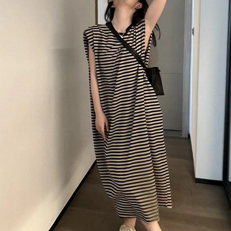 现货十三行无袖条纹垫肩连衣裙女夏季长款懒人t恤裙背心裙子休闲