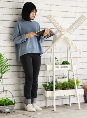 田园木质风车置物架家居阳台装饰品摆件创意客厅庭院落.地花架摆