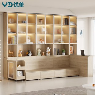 奶油风一体到顶书柜带卡座去客厅化书柜带玻璃门储物柜定制2F81