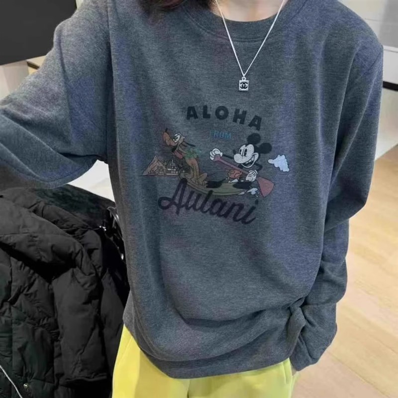 韩版加绒加厚卡通印花T恤女2025冬季新款宽松R百搭长袖圆领打底衫