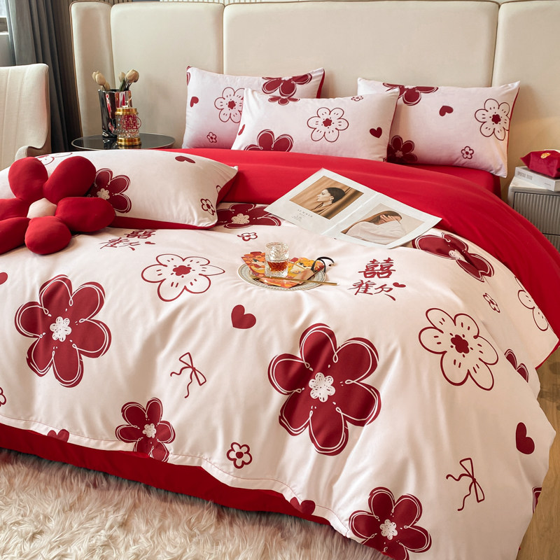 简约100支婚庆红色四件套印花结婚被套床单婚嫁新房喜被床上用品4,床上用品,婚庆床品套件,淘宝优惠券,粉丝福利购,淘宝优惠卷