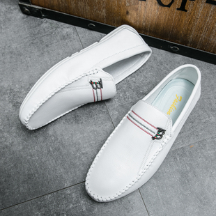 白色豆豆鞋男款夏季透气2023新款驾车鞋男鞋休闲皮鞋一脚蹬小白鞋