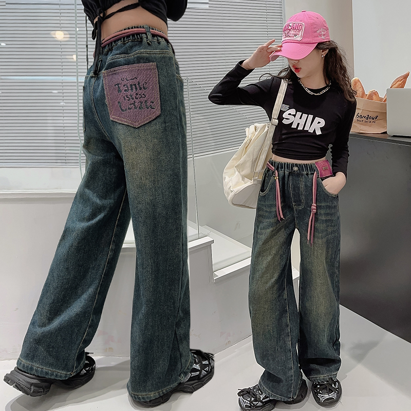 女童加绒牛仔裤秋冬款2023新款儿E童女大童阔腿长裤儿童直筒裤子