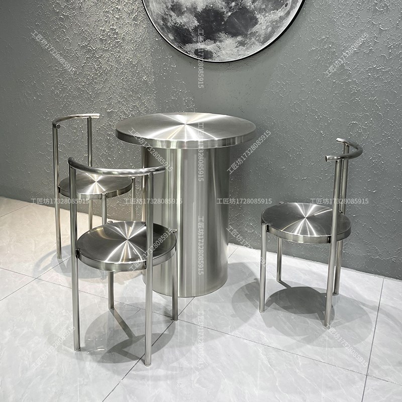 工业风奶茶甜品店餐厅不锈钢桶形拉丝商用圆桌定制酒吧餐桌椅组合