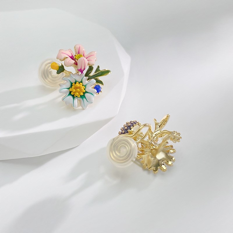 夏日花束小清新女精致蚊香盘耳夹艺术感彩绘花朵精V致耳环无痛饰