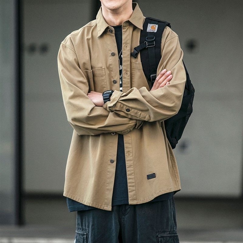 日系复古工装衬衫男n长袖韩版潮流宽松口袋衬衣青年百搭休闲外套