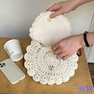 花邊單肩圓形草包編織包女海邊度假沙新款 斜挎鏤空草編包新款 韓版