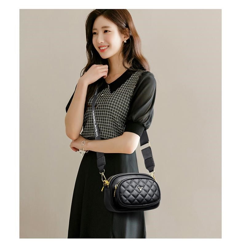 包包女式2024新款宽肩带休闲女包多层拉链斜挎小圆包今年流行包包