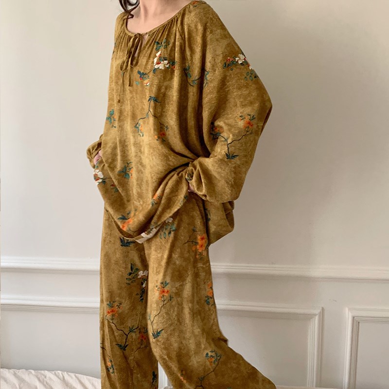棉绸睡衣女夏季长袖冰丝r质感亲肤透气绵绸家居服空调服套装春秋