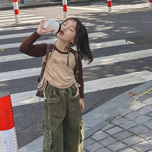 网红炸街穿搭女童工装裤套装秋冬2023新款韩版洋气裤子潮帅气时髦