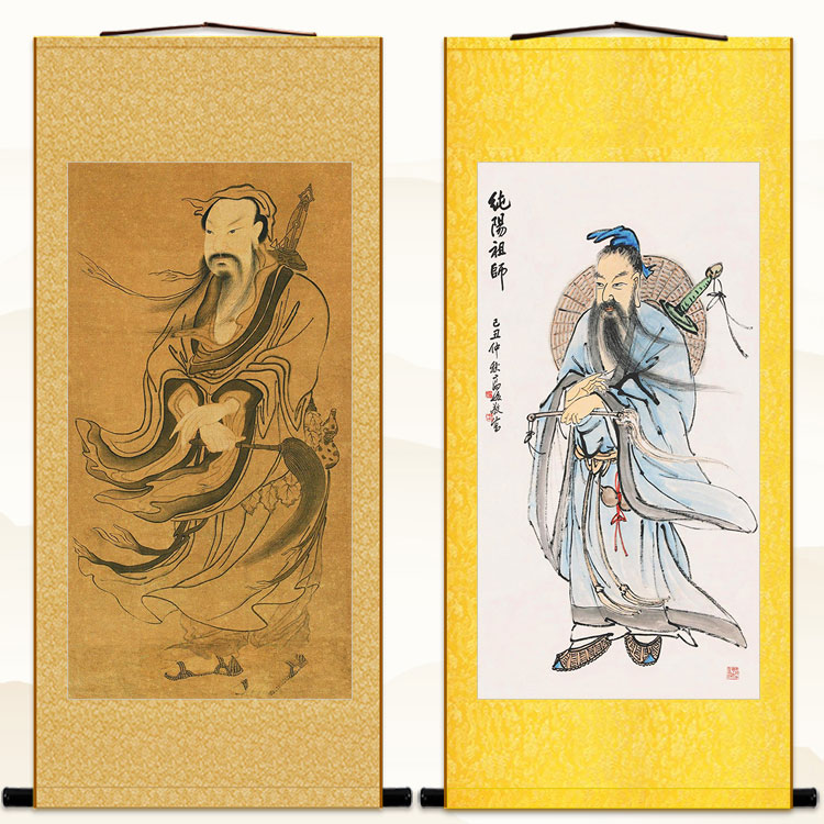 吕洞宾人物画像 吕祖神仙神像画 道家八仙卷轴挂画装饰字画丝绸画