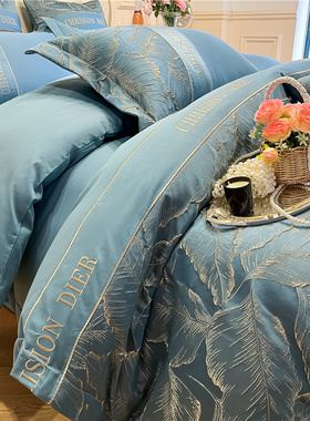 高档欧式奢华纯棉提花四件套浮雕刺绣裸睡被套全棉床笠床上用品