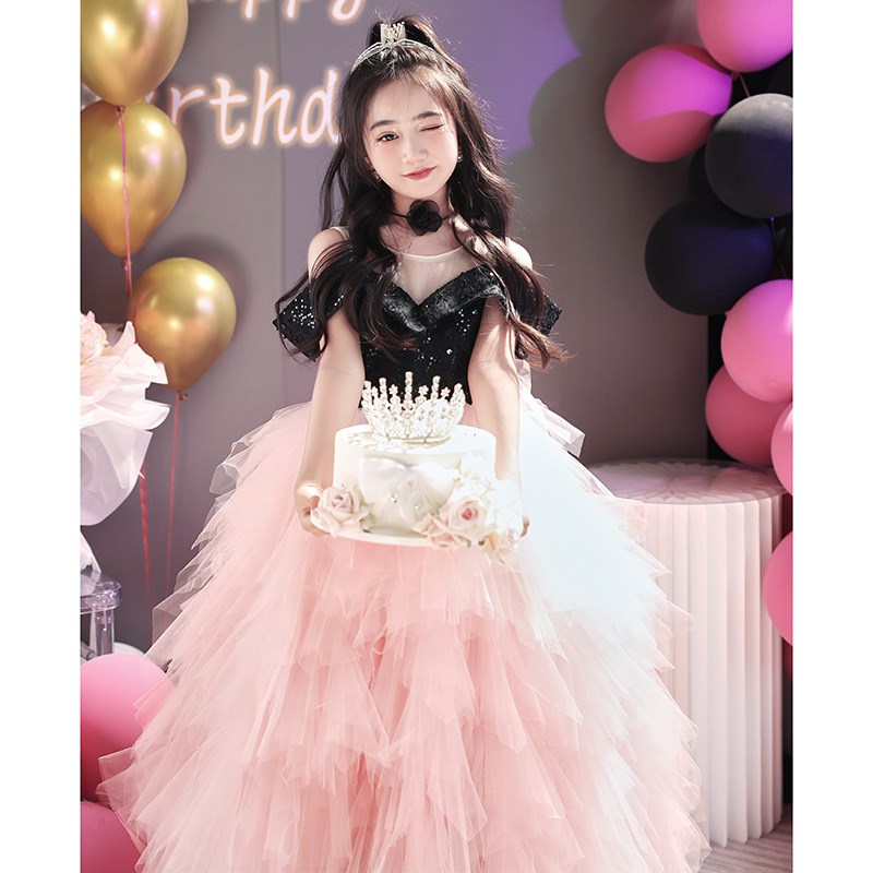 女童礼服轻奢小众粉色公主裙儿童生日蓬蓬纱主持人钢琴演出服高端