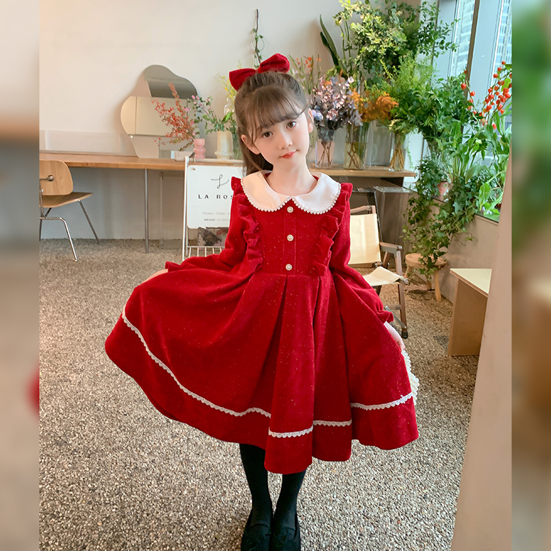 女童洋装2023新款秋冬装洋派小女孩公主裙加绒儿童套装冬季冬裙子