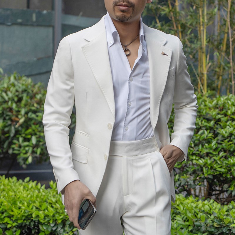 高级感男士西服套装商务休闲韩版新郎结婚礼服白色西装男主持服装