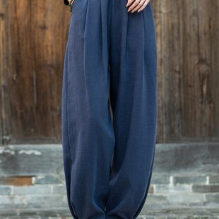 童颜阁秋冬文艺砂洗宽松显瘦高腰长裤 子 亚麻加绒保暖加厚灯笼棉裤