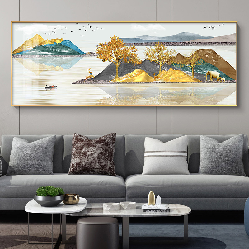 现货新中式客厅沙发背景墙后挂画轻奢山水招财P金山壁画现代简约