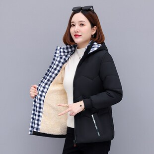 加绒加厚羽绒棉衣女短款冬装2024年新款中年妈妈连帽初冬外套棉服