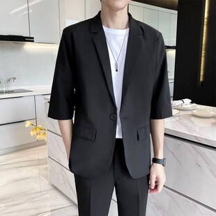 夏季 西服两件套 休闲西装 男士 轻熟风七分袖 宽松中袖 薄款 男套装 韩版