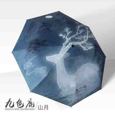 现货插画伞全自动雨伞女折叠晴雨两用太阳伞防晒防紫外线黑胶水彩