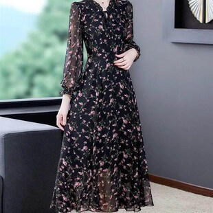 2024年秋装新款女装碎花雪纺长袖连衣裙大码胖MM减龄显瘦打底长裙