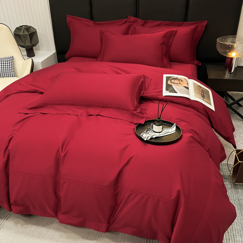 新中式100支结婚牀上用品大红色四件套简约纯色长绒棉婚庆牀笠4,床上用品,婚庆床品套件,淘宝优惠券,粉丝福利购,淘宝优惠卷