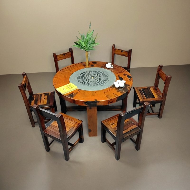 老船木围炉小圆桌火锅煮茶桌烧烤桌家用阳台侘寂风户外实木茶桌椅