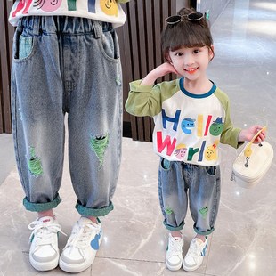 宽松长裤 女童破洞牛仔裤 儿童春装 宝宝洋气外穿老爹裤 子潮 春秋韩版