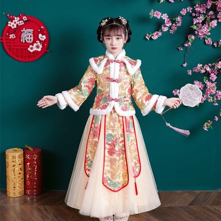 女童冬装汉服连衣裙冬季儿t童拜年服冬款过年服2024新款古风裙子