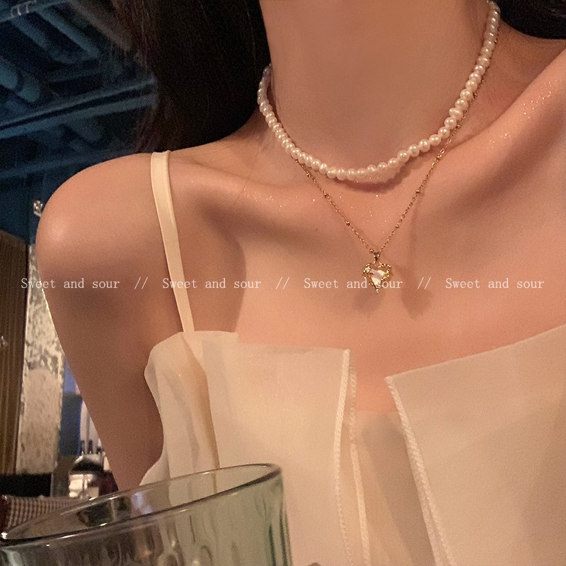 甜酸韩版气质珍珠项链女夏季冷淡风轻奢小众百搭锁骨链爱心颈链潮
