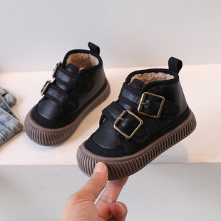 儿童高筒鞋男童鞋子秋冬款2023年韩版I加绒棉鞋板鞋皮面百搭运动