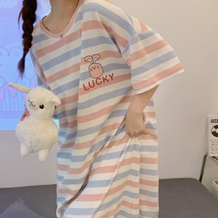 现货 可外穿大码 睡裙女夏天棉质短袖 睡衣简约粉蓝条纹鼠2024年新款