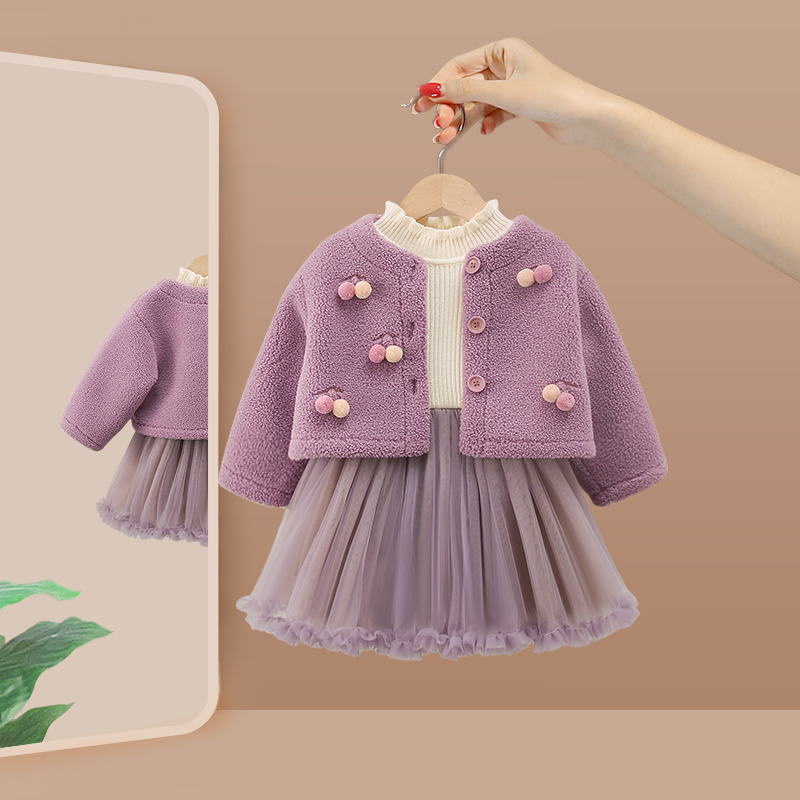女童洋装冬装2023新款女宝宝周岁礼服小童洋派时髦公主裙儿童套装