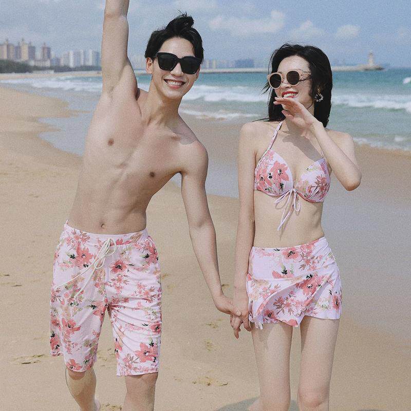 沙滩裤情侣套装男士泳裤2022新款度假五分裤保守宽松泡温泉游泳裤