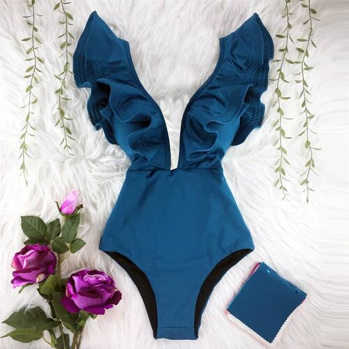 新品2023 New Print Swimwear Deep V-neck Ruffle Swimsuit Push